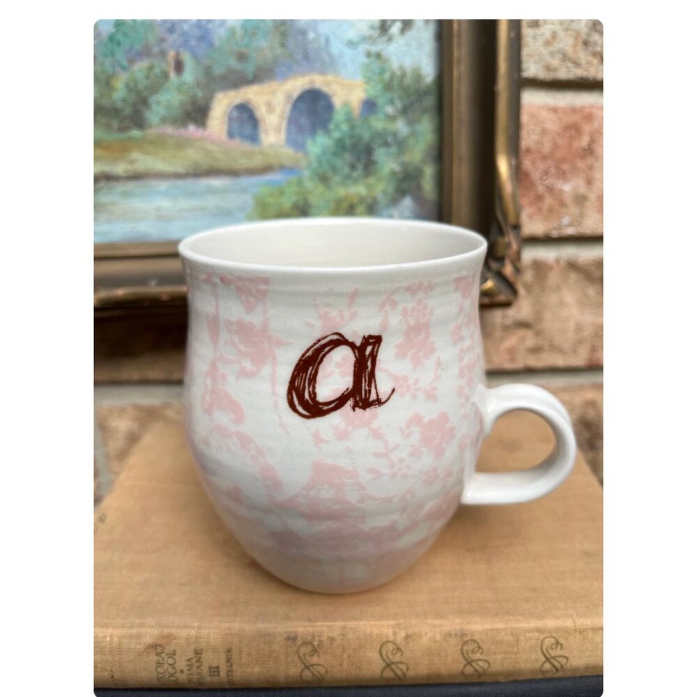 Anthropologie Monogram Coffee Mug Letter A, Light Pink Floral Hibiscus‎ Stencil